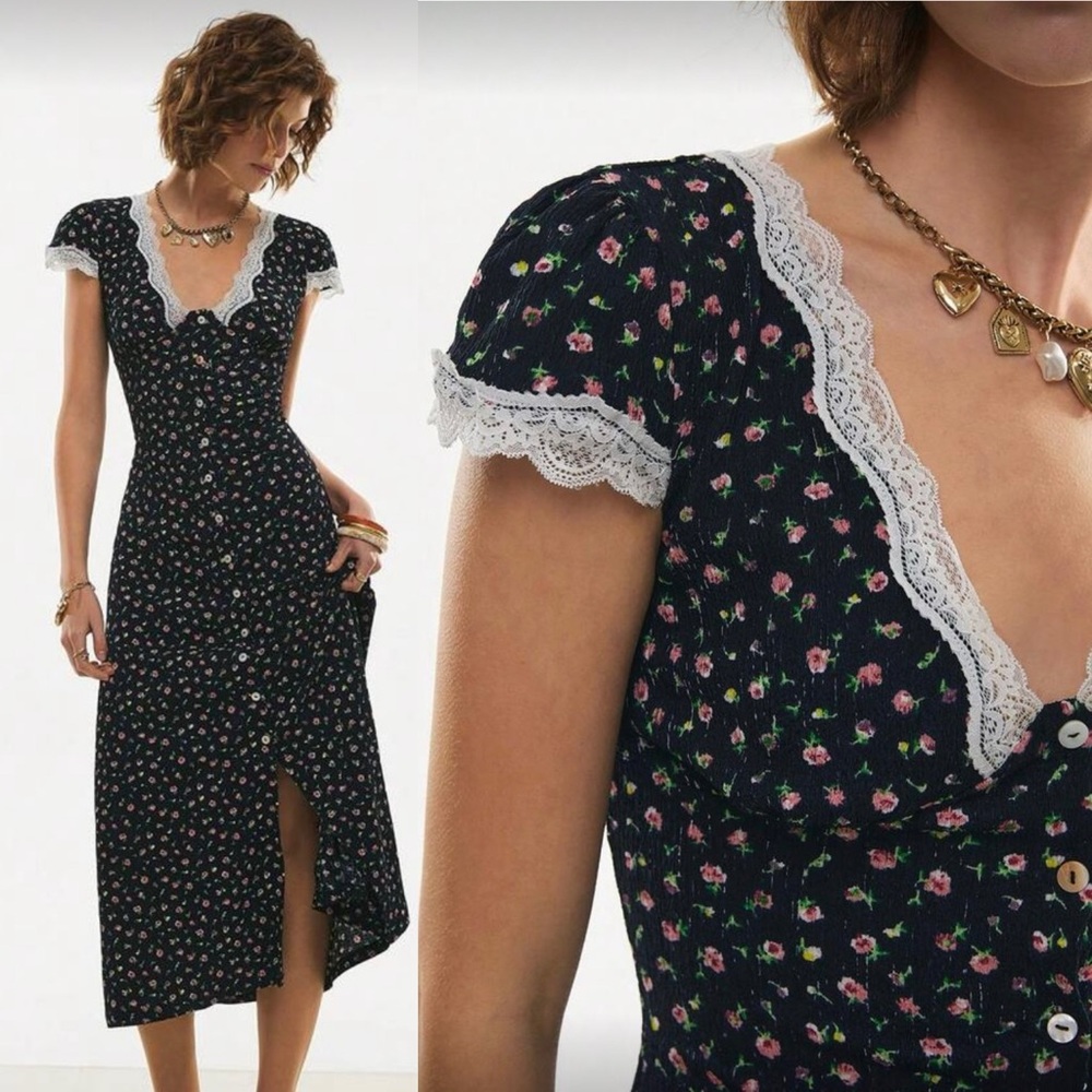Floral Lace-Trim Cap Sleeve Button Down Vintage Style Dress - Picture 15 of 16